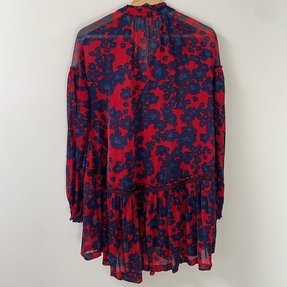 Free People Love Letter Boho Tunic Top Longsleeve Button down Blouse Blue Red XS - Picture 8 of 9